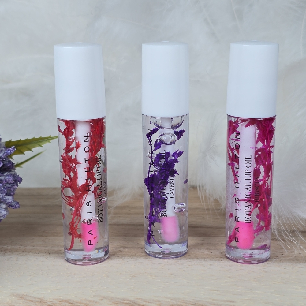 Paris Hilton 3 Piece Botanical Lip Oil Beauty Set Rose Lavender Hibiscus New